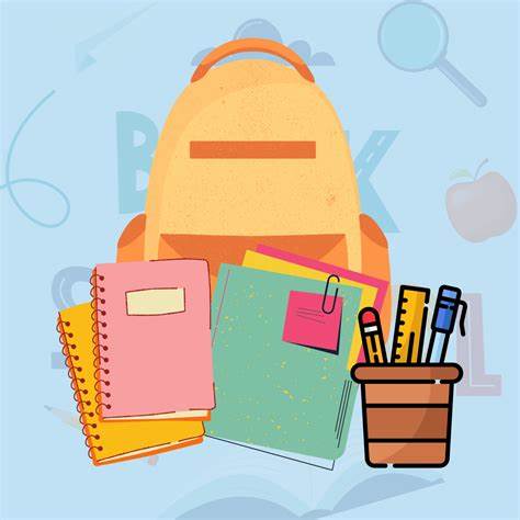 Illustration of a backpack with stationery items, symbolising tools and resources for helping children with learning in maths, phonics, reading, spelling, and writing at Marshbrook First School.  